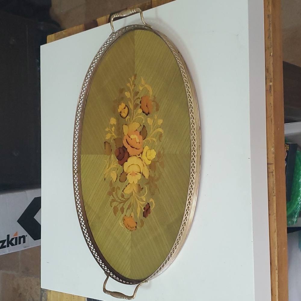 Vintage Oval Italian MCM Wood Inlay and Brass Tray